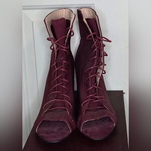 Elegant Burgundy Lace-Up Ankle Booties